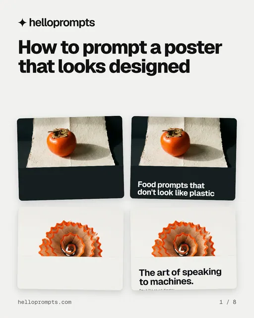 Carousel for HelloPrompts: "How to prompt a poster that looks designed". Collection carousel, 8 slides, light palette.