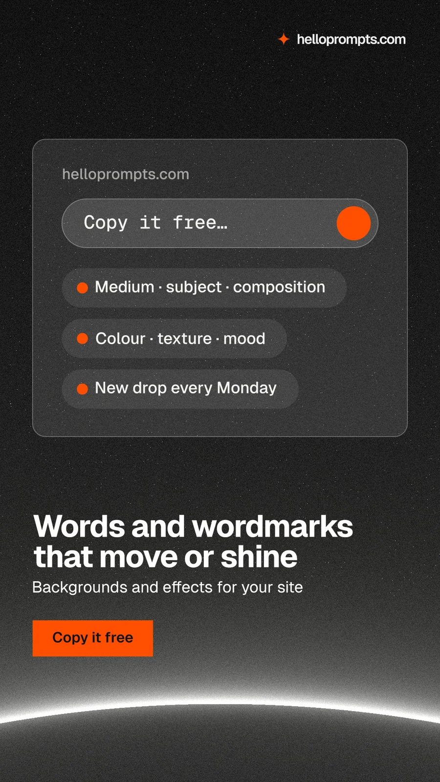 Instagram story for HelloPrompts: "Words and wordmarks that move or shine". Swiss style, bottom layout, dark palette in black, grey.