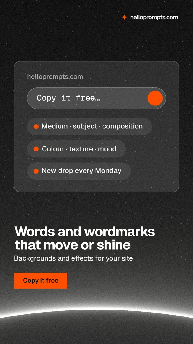 Instagram story for HelloPrompts: "Words and wordmarks that move or shine". Swiss style, bottom layout, dark palette in black, grey.