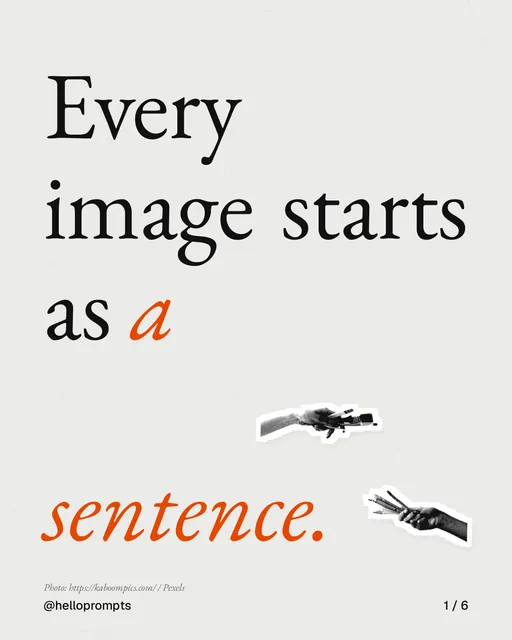 Carousel for HelloPrompts: "Every image starts as a sentence.". Cutout essay, 6 slides, light palette.