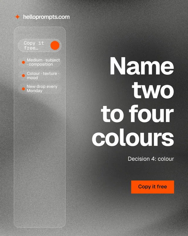 Instagram portrait post for HelloPrompts: "Name two to four colours". Swiss style, right layout, light palette in black, grey.