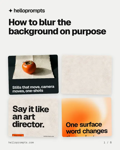 Carousel for HelloPrompts: "How to blur the background on purpose". Collection carousel, 8 slides, light palette.
