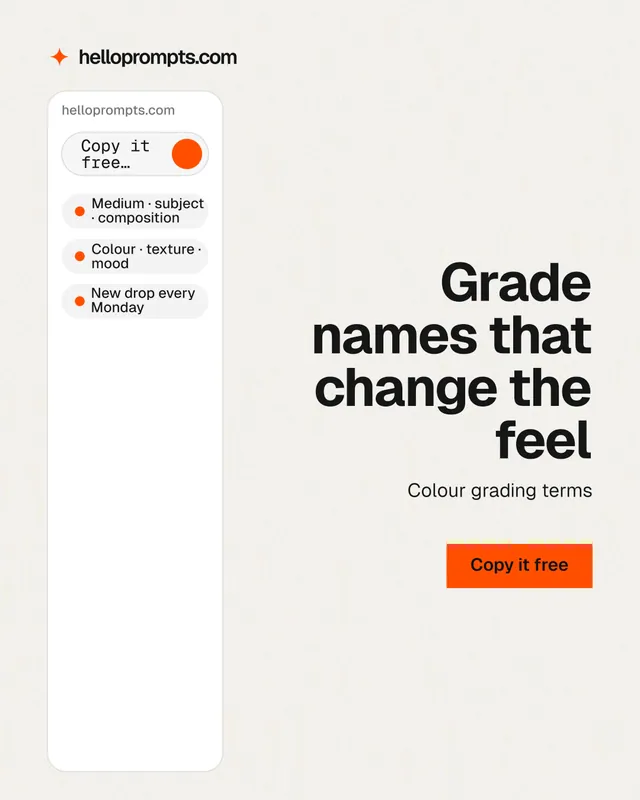 Instagram portrait post for HelloPrompts: "Grade names that change the feel". Swiss style, right layout, light palette in white, grey.