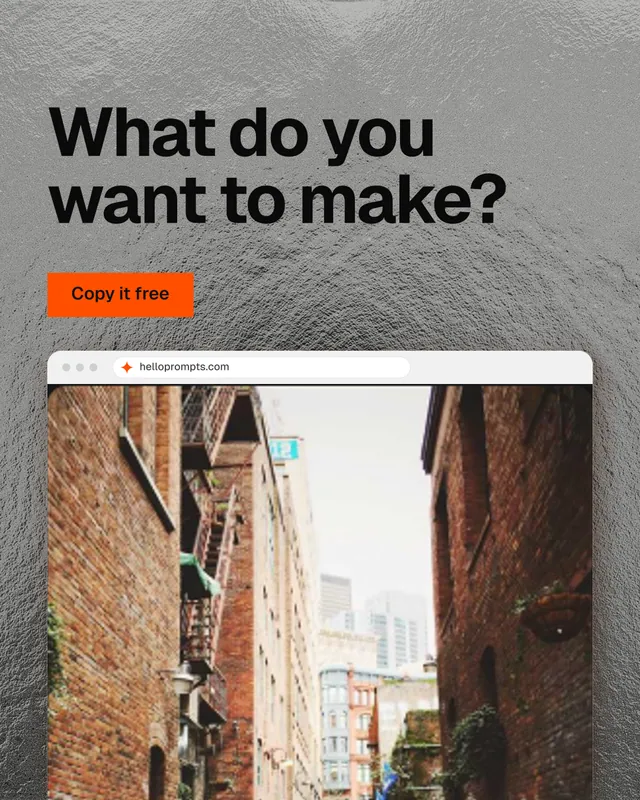 Instagram portrait post for HelloPrompts: "What do you want to make?" Swiss style, browser layout, light palette in grey, orange, white.