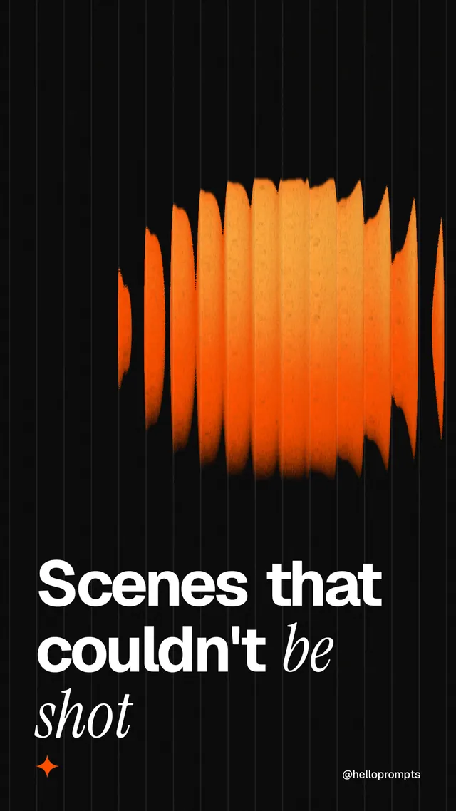 Instagram story for HelloPrompts: "Scenes that couldn't be shot". Auto 9x16 style, technique:shader field layout, dark palette in black, brown.