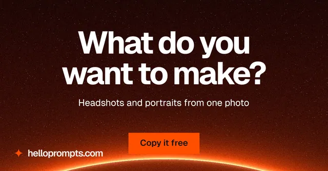 Social ad for HelloPrompts: "What do you want to make?" Swiss style, centred layout, dark palette in black, red, orange.