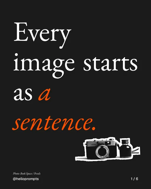 Carousel for HelloPrompts: "Every image starts as a sentence.". Cutout essay, 6 slides, dark palette.