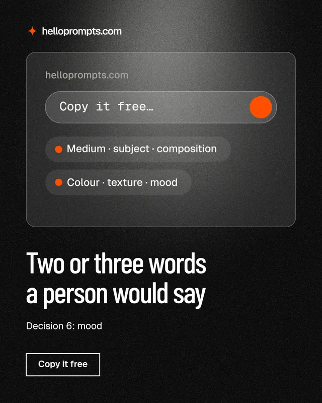 Instagram portrait post for HelloPrompts: "Two or three words a person would say". Dark deco style, bottom layout, dark palette in black, grey.