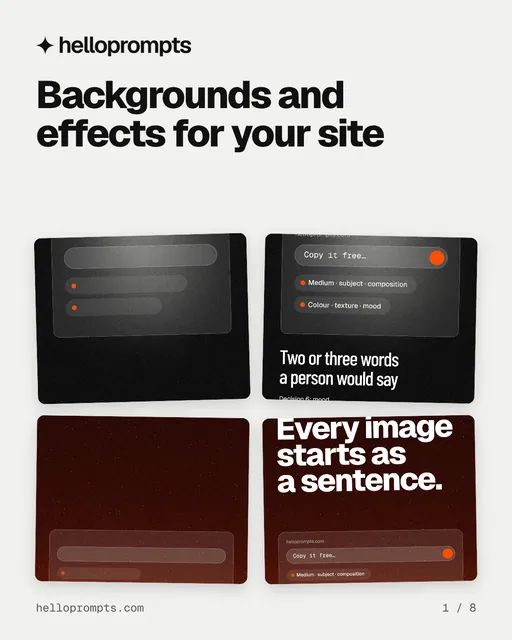 Carousel for HelloPrompts: "Backgrounds and effects for your site". Collection carousel, 8 slides, light palette.