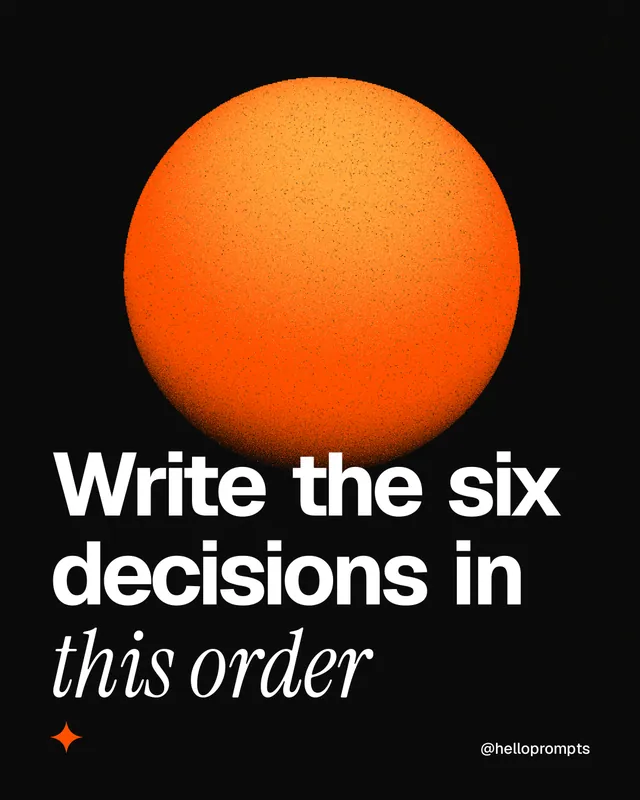 Instagram portrait post for HelloPrompts: "Write the six decisions in this order". Auto 4x5 style, technique:shader field layout, dark palette in black, brown.