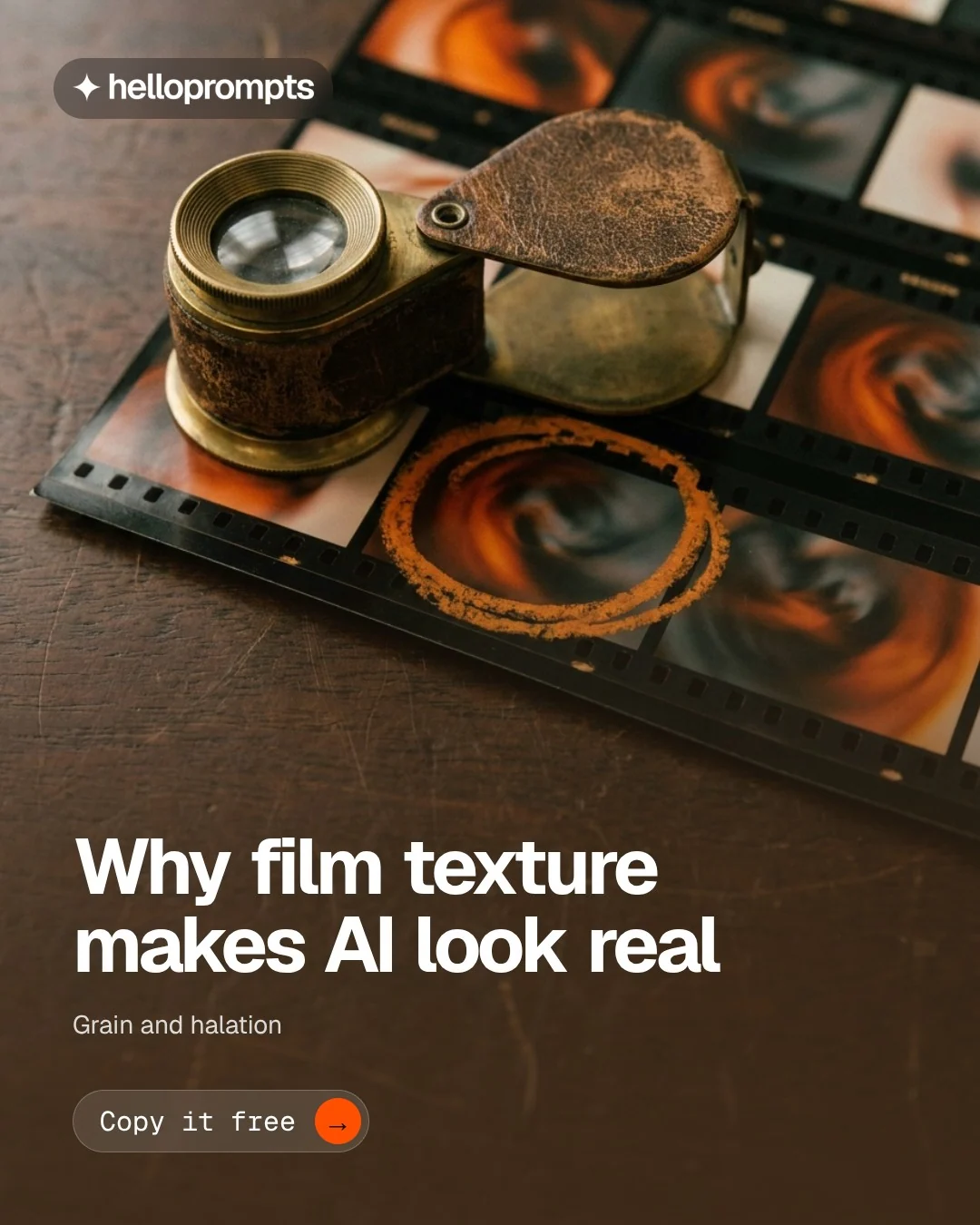 Video for HelloPrompts: "Why film texture makes AI look real". Doc motion loop, 8.0 s, dark palette.
