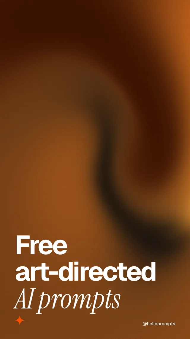 Instagram story for HelloPrompts: "Free art-directed AI prompts". Auto 9x16 style, technique:shader field layout, dark palette in orange, brown.