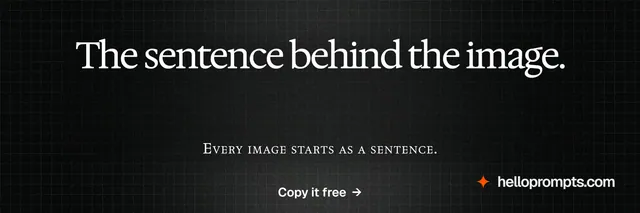 X header for HelloPrompts: "The sentence behind the image." Phosphor atlas style, smallcaps layout, dark palette in black, grey.