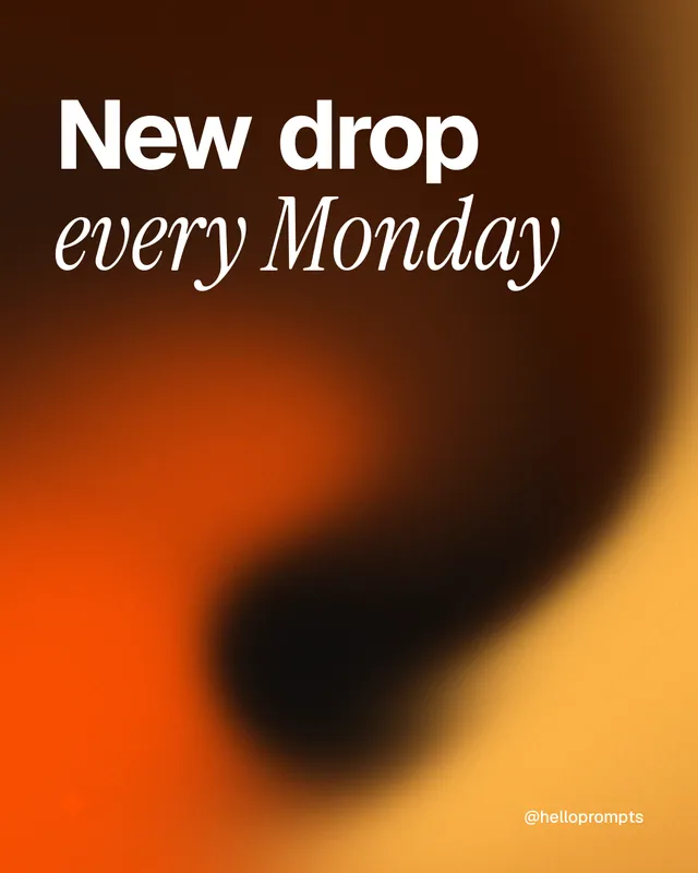 Instagram portrait post for HelloPrompts: "New drop every Monday". Auto 4x5 style, technique:shader field layout, dark palette in black, orange, brown.