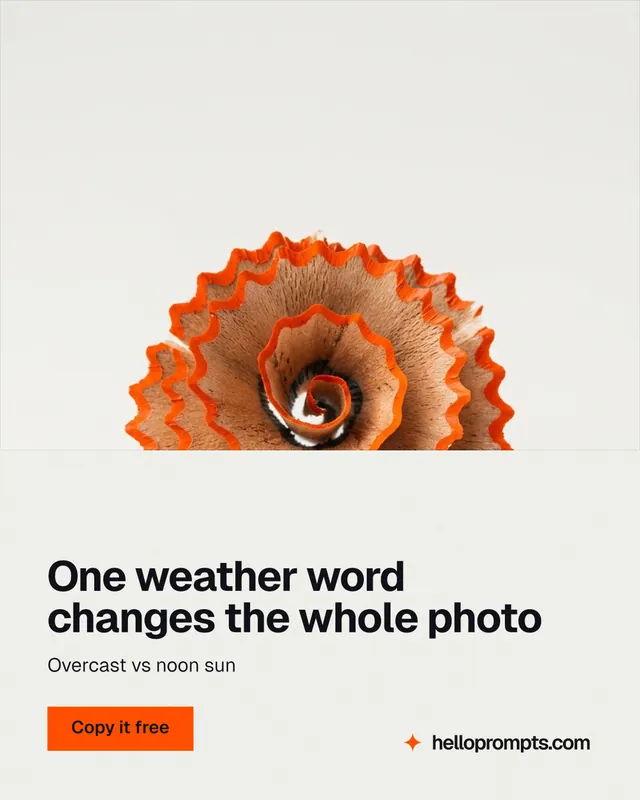 Instagram portrait post for HelloPrompts: "One weather word changes the whole photo". Swiss style, bottom layout, light palette in white, brown.