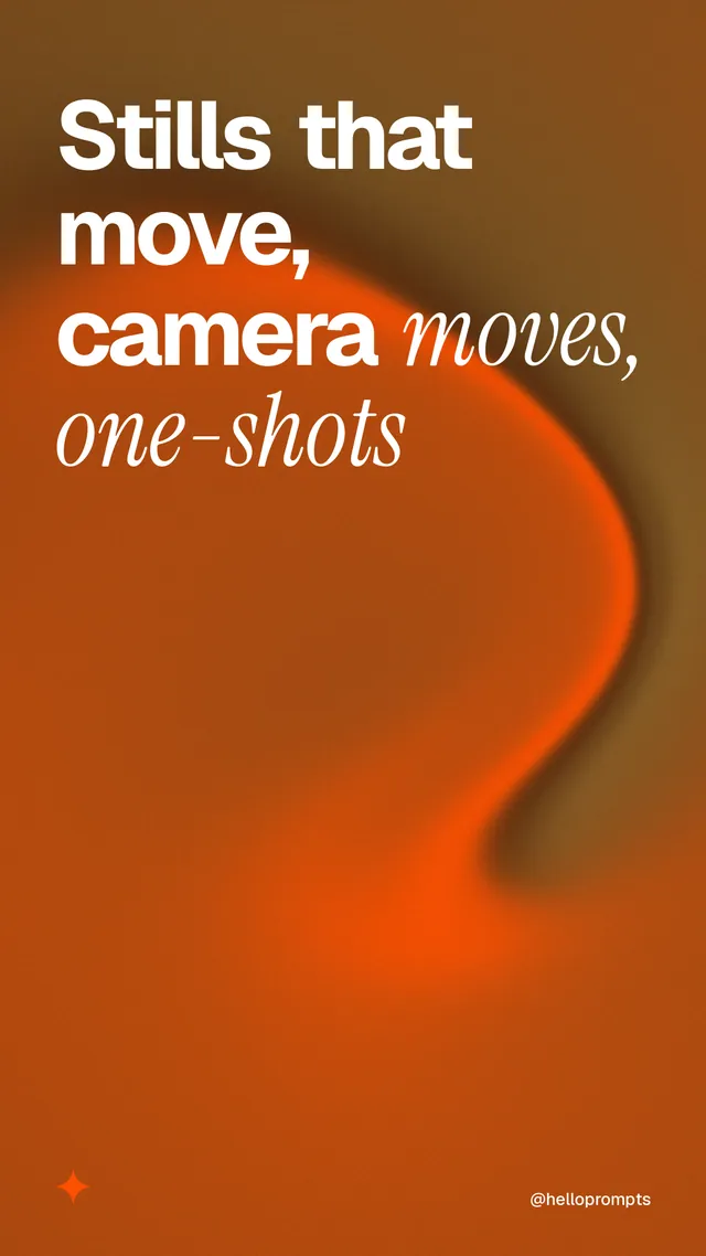 Instagram story for HelloPrompts: "Stills that move, camera moves, one-shots". Auto 9x16 style, technique:shader field layout, dark palette in orange.