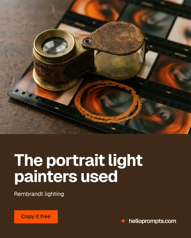 Instagram portrait post for HelloPrompts: "The portrait light painters used". Swiss style, bottom layout, dark palette in orange, black, grey.