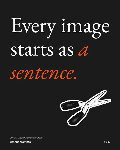 Carousel for HelloPrompts: "Every image starts as a sentence.". Cutout essay, 6 slides, dark palette.