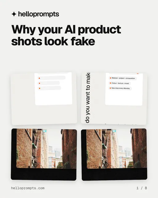 Carousel for HelloPrompts: "Why your AI product shots look fake". Collection carousel, 8 slides, light palette.