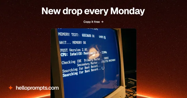 Social ad for HelloPrompts: "New drop every Monday". Swiss style, ogui layout, dark palette in black, blue, red.