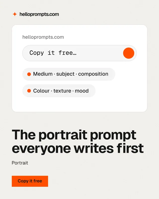 Instagram portrait post for HelloPrompts: "The portrait prompt everyone writes first". Swiss style, bottom layout, light palette in white, grey.