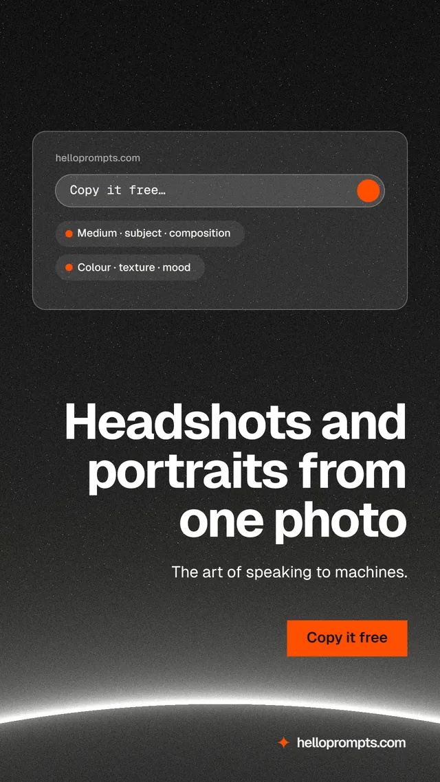 Instagram story for HelloPrompts: "Headshots and portraits from one photo". Swiss style, right layout, dark palette in black, grey.