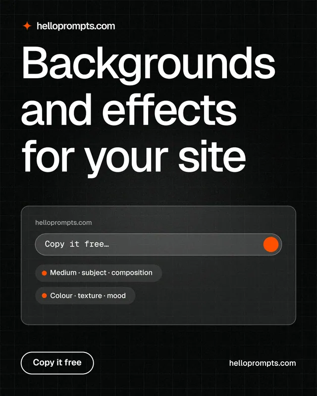 Instagram portrait post for HelloPrompts: "Backgrounds and effects for your site". Phosphor atlas style, poster layout, dark palette in black, grey.
