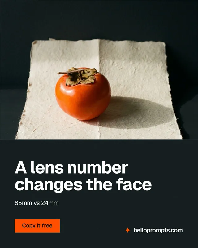 Instagram portrait post for HelloPrompts: "A lens number changes the face". Swiss style, bottom layout, dark palette in black, yellow, orange.