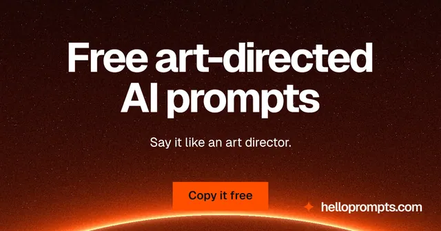 Social ad for HelloPrompts: "Free art-directed AI prompts". Swiss style, centred layout, dark palette in black, red, orange.