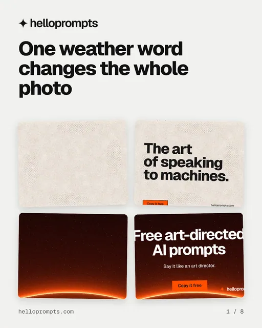 Carousel for HelloPrompts: "One weather word changes the whole photo". Collection carousel, 8 slides, light palette.