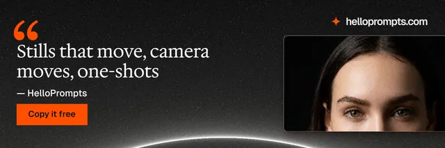 X header for HelloPrompts: "Stills that move, camera moves, one-shots". Swiss style, quote layout, dark palette in black, grey.