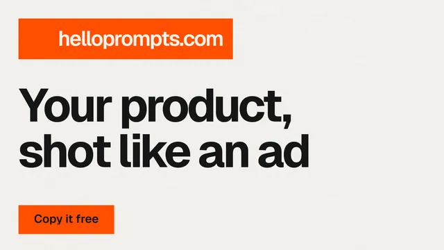 Landscape graphic for HelloPrompts: "Your product, shot like an ad". Swiss style, announce layout, light palette in white, orange.