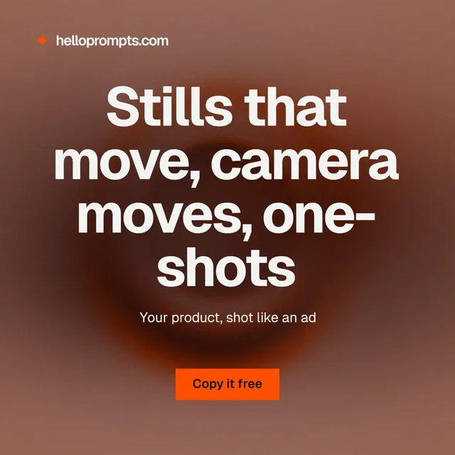 Instagram post for HelloPrompts: "Stills that move, camera moves, one-shots". Swiss style, centred layout, dark palette in red, grey.
