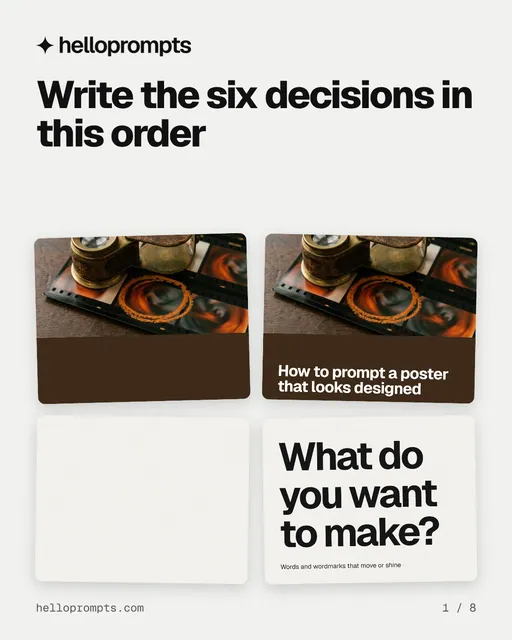 Carousel for HelloPrompts: "Write the six decisions in this order". Collection carousel, 8 slides, light palette.