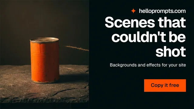 Landscape graphic for HelloPrompts: "Scenes that couldn't be shot". Swiss style, right layout, dark palette in black, orange, brown.