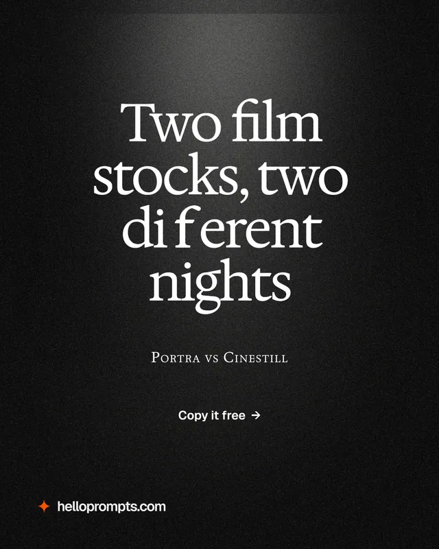 Instagram portrait post for HelloPrompts: "Two film stocks, two different nights". Dark deco style, smallcaps layout, dark palette in black, grey.
