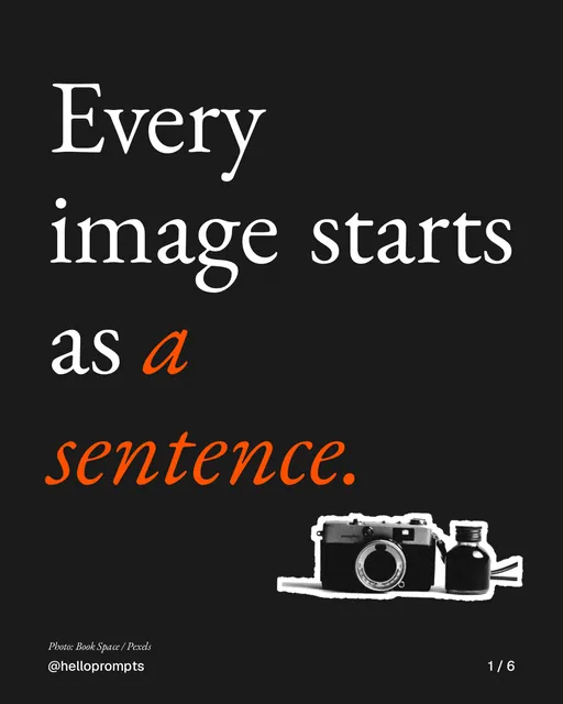 Carousel for HelloPrompts: "Every image starts as a sentence.". Cutout essay, 6 slides, dark palette.
