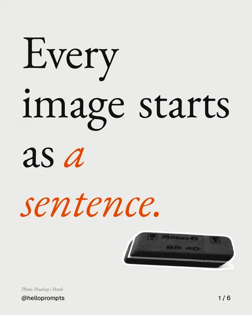 Carousel for HelloPrompts: "Every image starts as a sentence.". Cutout essay, 6 slides, light palette.