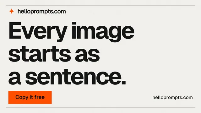 Landscape graphic for HelloPrompts: "Every image starts as a sentence." Swiss style, poster layout, light palette in white, grey.