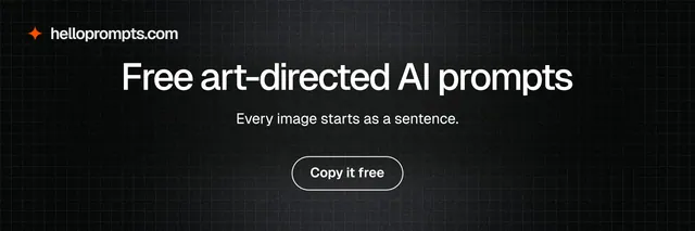 X header for HelloPrompts: "Free art-directed AI prompts". Phosphor atlas style, centred layout, dark palette in black, grey.