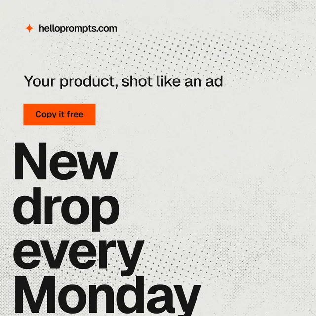 Instagram post for HelloPrompts: "New drop every Monday". Swiss style, oversized layout, light palette in white, grey.