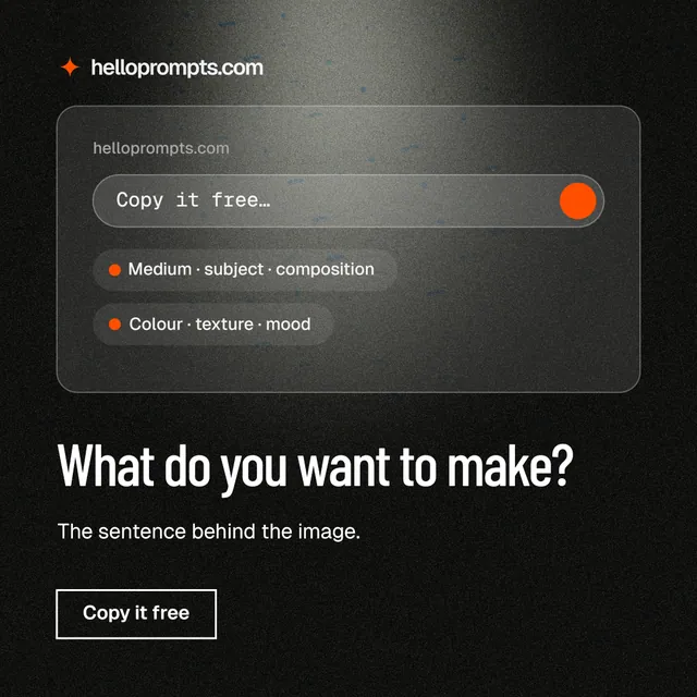 Instagram post for HelloPrompts: "What do you want to make?" Dark deco style, bottom layout, dark palette in black, grey.
