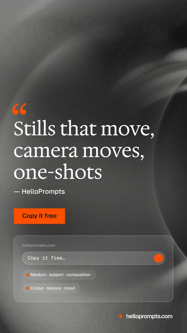 Instagram story for HelloPrompts: "Stills that move, camera moves, one-shots". Swiss style, quote layout, dark palette in grey, black.