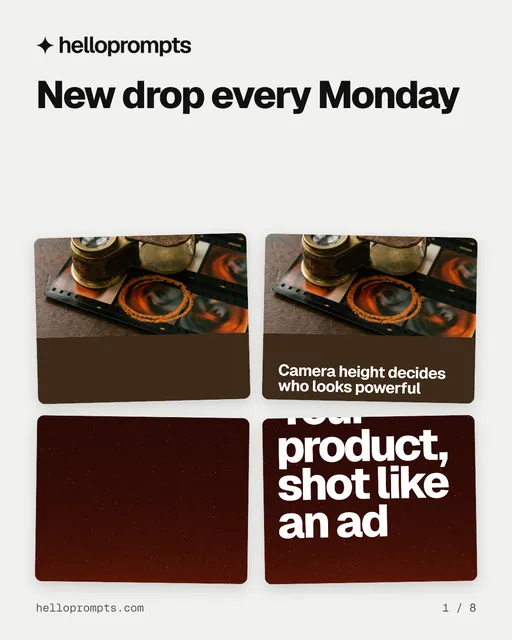 Carousel for HelloPrompts: "New drop every Monday". Collection carousel, 8 slides, light palette.