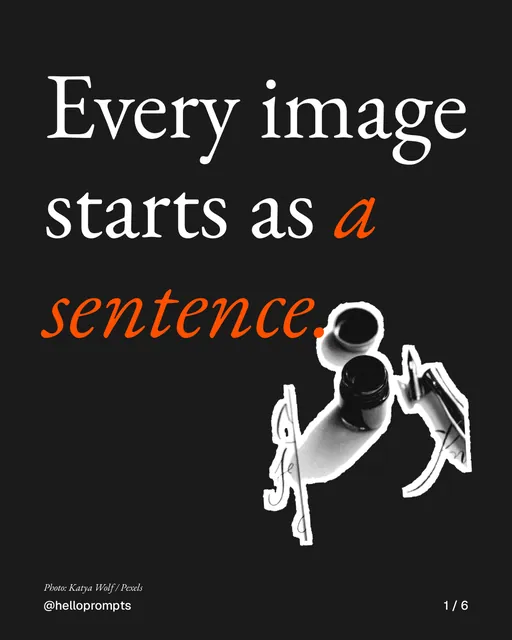 Carousel for HelloPrompts: "Every image starts as a sentence.". Cutout essay, 6 slides, dark palette.