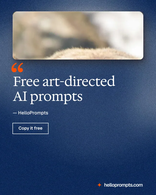Instagram portrait post for HelloPrompts: "Free art-directed AI prompts". Cyanotype style, quote layout, dark palette in blue, grey, orange.