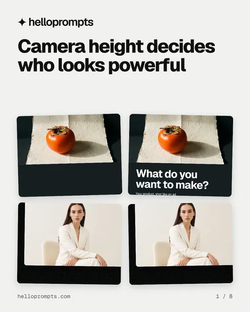 Carousel for HelloPrompts: "Camera height decides who looks powerful". Collection carousel, 8 slides, light palette.