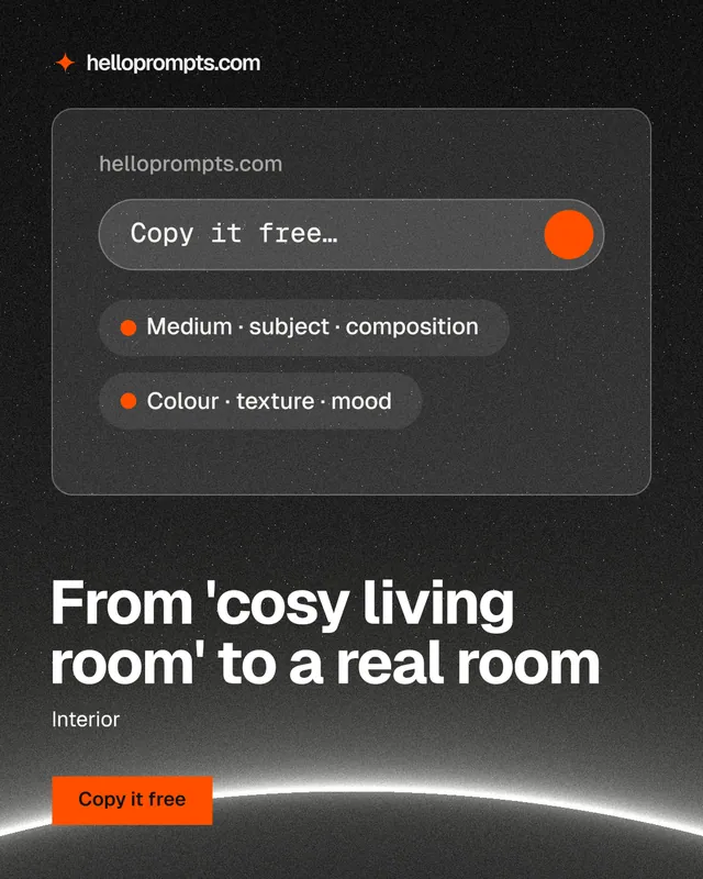 Instagram portrait post for HelloPrompts: "From 'cosy living room' to a real room". Swiss style, bottom layout, dark palette in black, grey.