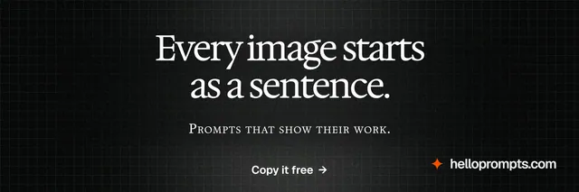 X header for HelloPrompts: "Every image starts as a sentence." Phosphor atlas style, smallcaps layout, dark palette in black, grey.