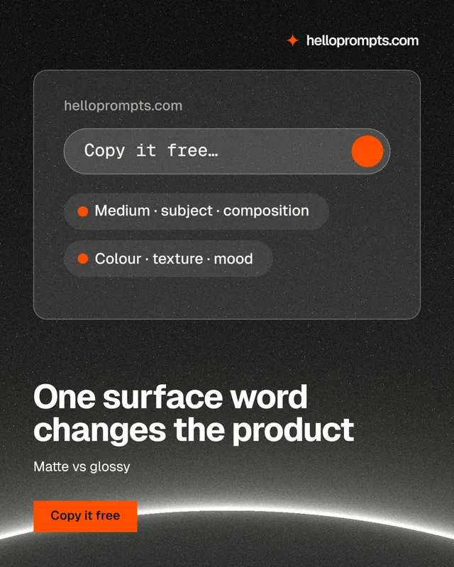 Instagram portrait post for HelloPrompts: "One surface word changes the product". Swiss style, bottom layout, dark palette in black, grey.